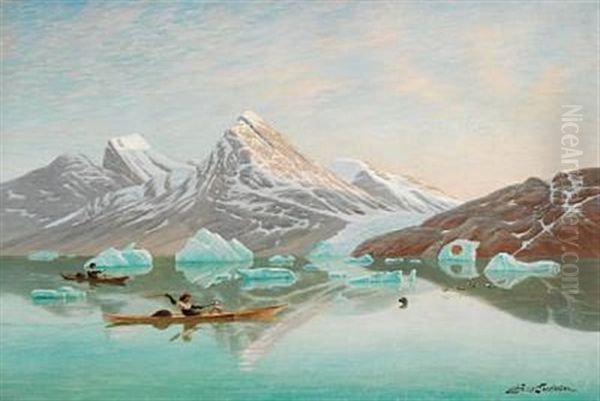 View Of A Greenlandic Fiord With Trappers In Their Kayaks Hunting Seals Oil Painting by Andreas Christian Riis Carstensen