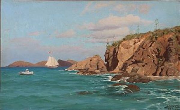 Sailing Ship And Rowboat Near A Rocky Coast At St. Thomas, The Virgin Islands Oil Painting by Andreas Christian Riis Carstensen