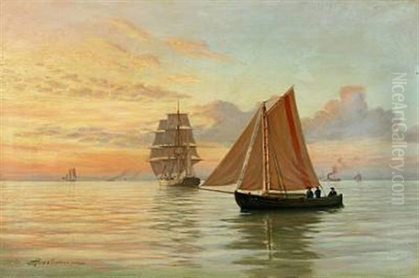 Seascape With Several Vessels In The Evening Sun Oil Painting by Andreas Christian Riis Carstensen