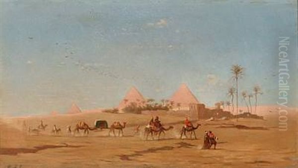 Bedouins On Their Camels Passing The Pyramids, Egypt Oil Painting by Andreas Christian Riis Carstensen