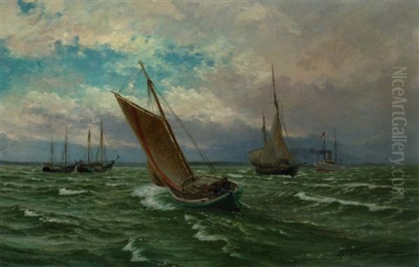 Fiskerbade Pa Havet Oil Painting by Andreas Christian Riis Carstensen