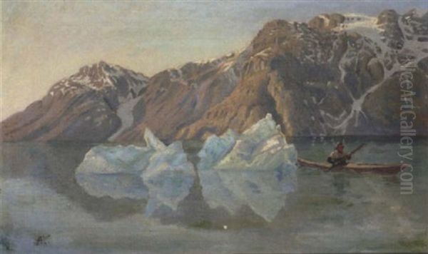 Kajakmand I En Fjord Ved Vajgattet Oil Painting by Andreas Christian Riis Carstensen