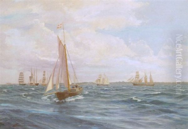 Sejlskibe Udfor Kronborg Oil Painting by Andreas Christian Riis Carstensen