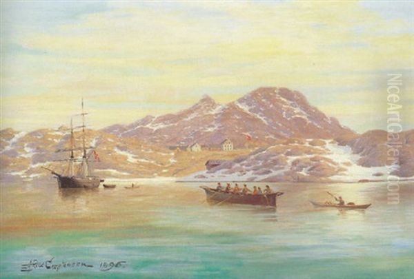 Marine, Sejlskib Udfor Gronlands Kyst Med Robade Og Kajak, I Baggrunden By Oil Painting by Andreas Christian Riis Carstensen