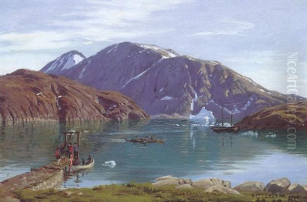 Parti Fra Gronland Med Rittenbenk Havn Med Kangekfjeldet Oil Painting by Andreas Christian Riis Carstensen