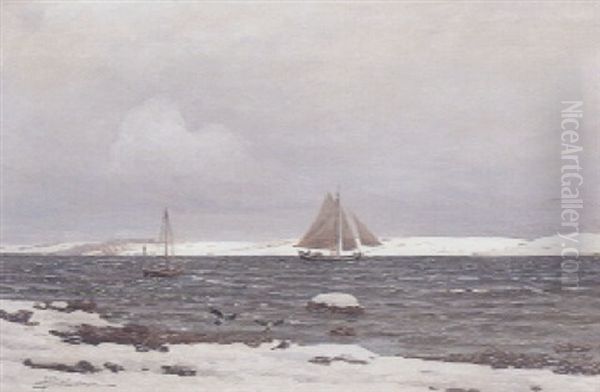 Fjordparti Med Fiskerbade, Vinter Oil Painting by Andreas Christian Riis Carstensen