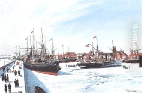 The Ice-locked Harbour Oil Painting by Andreas Christian Riis Carstensen