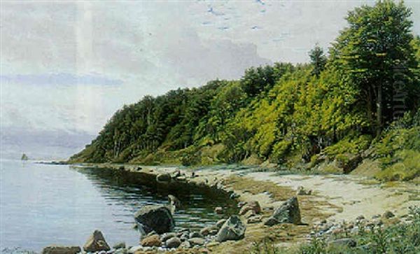 Partie Fra Stranden Pa Aebelo, I Bagrunden Sejlbad Oil Painting by Andreas Christian Riis Carstensen