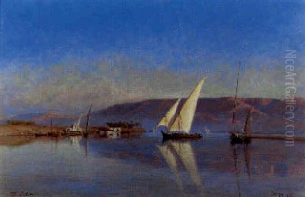 Feluccas On The Nile Oil Painting by Andreas Christian Riis Carstensen