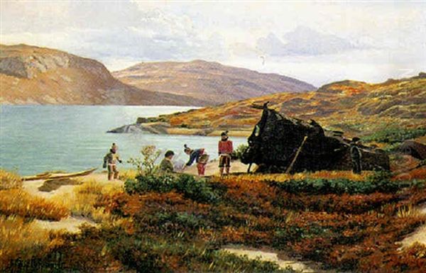 Fjordparti Med Gronlaendere Der Laver Bal Udenfor Deres Hytte Oil Painting by Andreas Christian Riis Carstensen