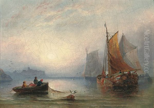 Fishing Boats In An Offshore Calm At Dusk, With Fishermen Pulling In Their Nets In The Foreground (+ A Fishing Vessel Running Against Wind And Tide Off Whitby; Pair) Oil Painting by Joseph Newington Carter