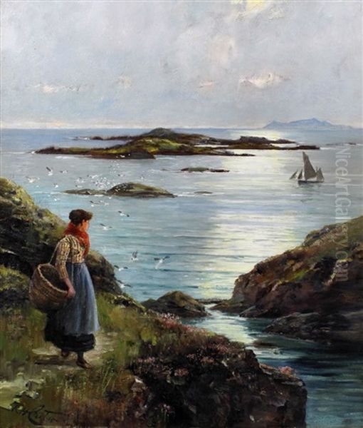 Seascape With Figure To Foreground Oil Painting by Richard Harry Carter