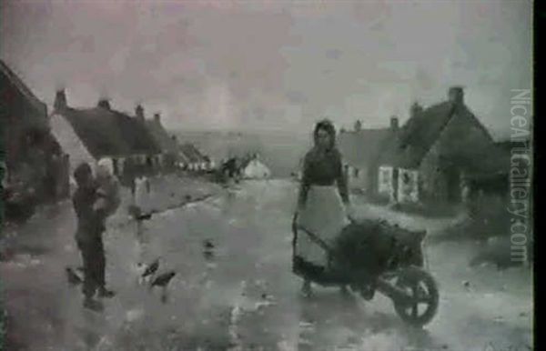 Figures On A Village Street Oil Painting by Richard Harry Carter