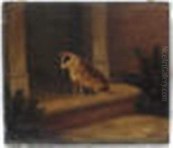 A Brindle Terrier Sat Patiently On Door Step Oil Painting by Samuel John Carter