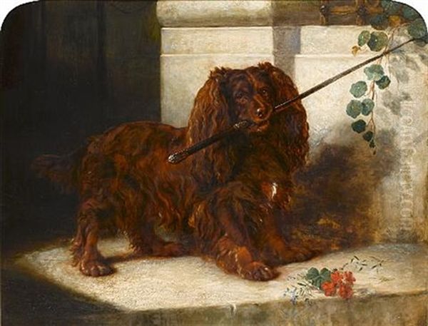 Waiting For Mistress - A Ruby Spaniel With A Cane Oil Painting by Samuel John Carter