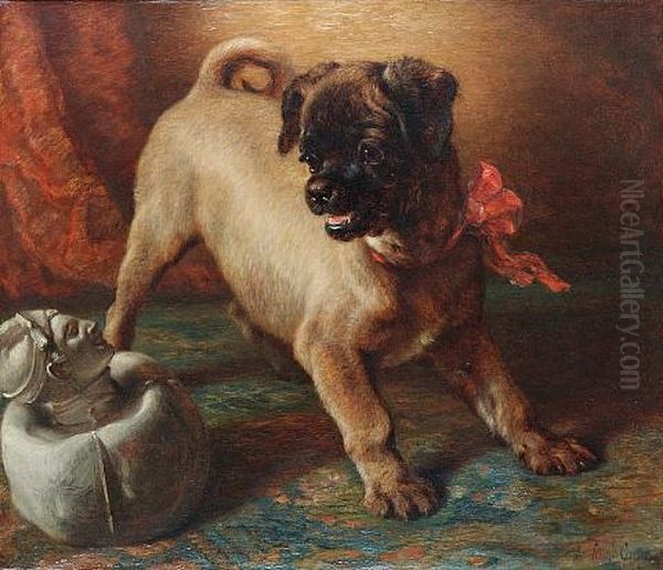 Pug Puppy Oil Painting by Samuel John Carter