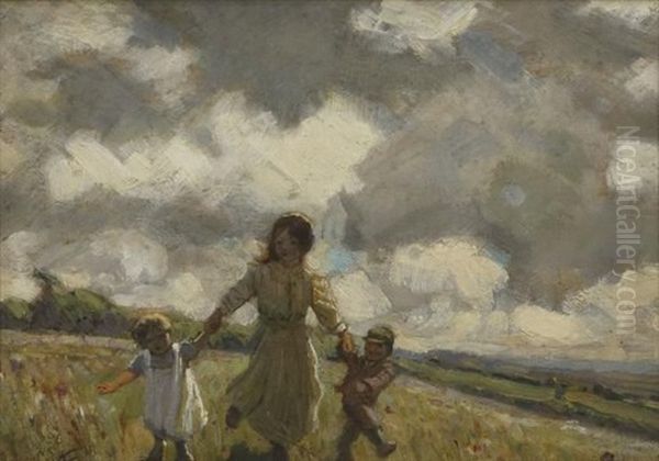 Children Running Through A Field Oil Painting by Sydney Carter