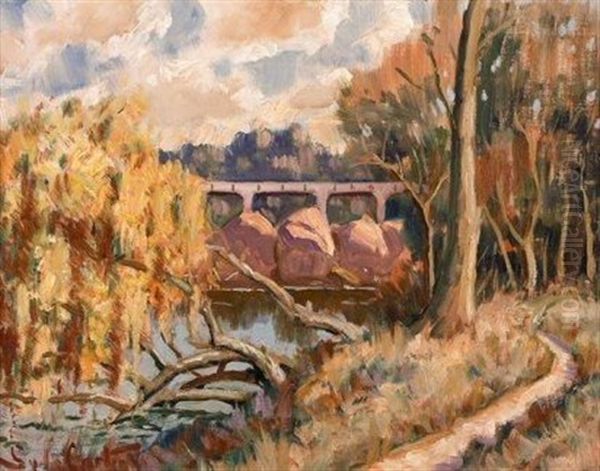 Railway Crossing Over A River Oil Painting by Sydney Carter