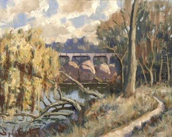 Railway Crossing Over A River Oil Painting by Sydney Carter