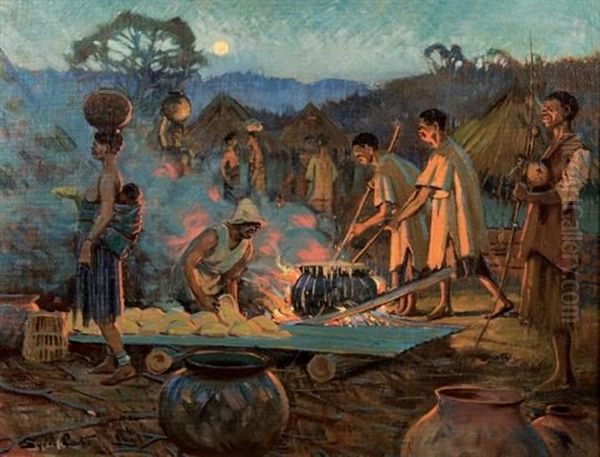 African Figures Around A Camp Fire Oil Painting by Sydney Carter