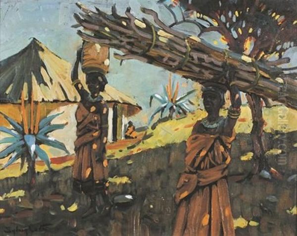 Women Outside A Hut, Eastern Cape Oil Painting by Sydney Carter