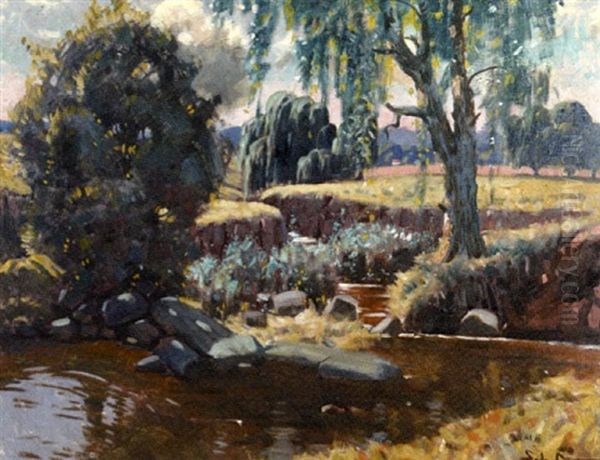 A Verdant Riverside Landscape Oil Painting by Sydney Carter