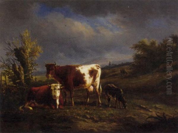 Cattle And A Goat Grazing In A Meadow Oil Painting by Karl Cartier