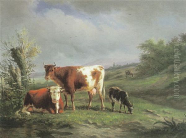 Sommerliche Weidelandschaft Mit Kuhen Und Geisbock Oil Painting by Karl Cartier