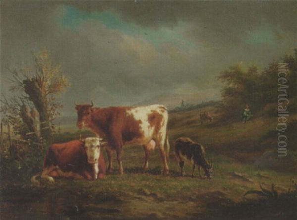 Cattle In A Meadow Oil Painting by Karl Cartier