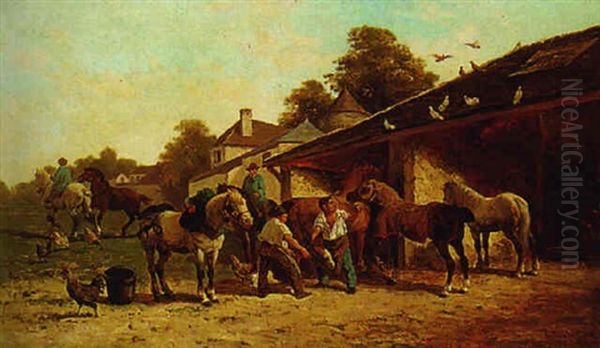 Horses By The Stables Oil Painting by Karl Cartier