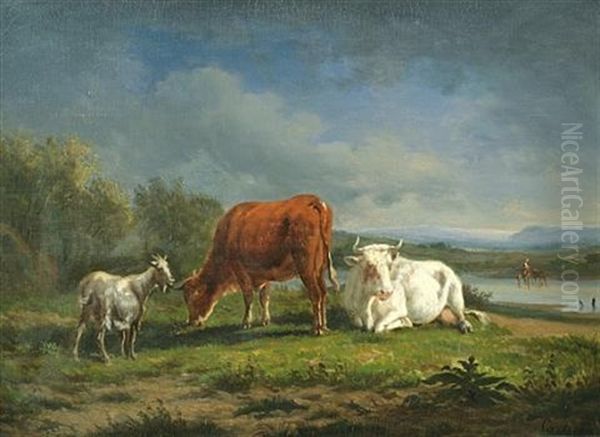 Goat And Cows In A Landscape Oil Painting by Victor-Emile Cartier