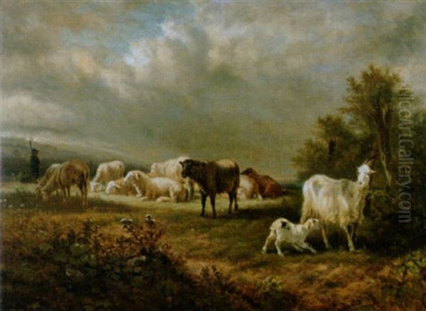 Abendliche Landschaft Mit Schafen Oil Painting by Victor-Emile Cartier