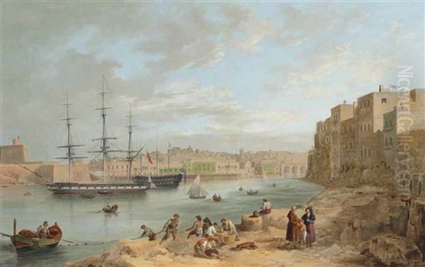 H.m.s. Champion Moored Off Fort St Angelo, Valetta, Malta Oil Painting by Joseph Cartwright