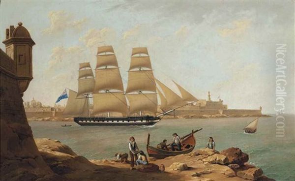 A Frigate Passing Fort St Elmo As She Makes Her Way Out Of The Grand Harbour, Valetta, Malta Oil Painting by Joseph Cartwright