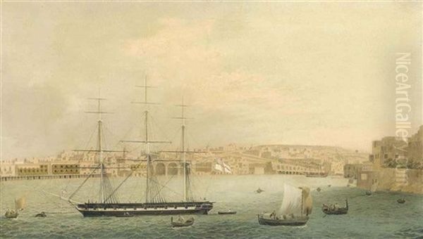 A Sixth Rate, Thought To Be H.m.s. Talbot, 28-guns, Lying On A Mooring In Grand Harbour, Valetta, Malta Oil Painting by Joseph Cartwright