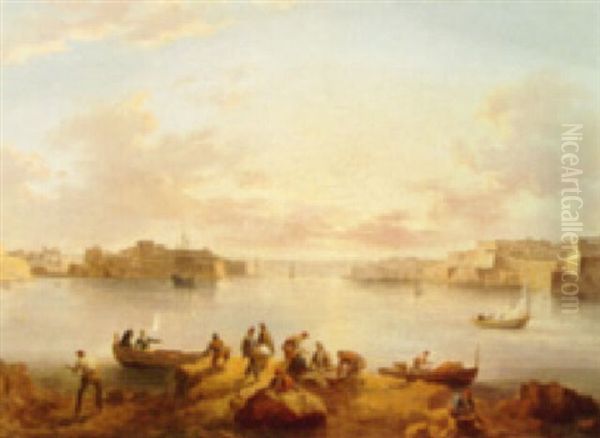 A View Of The Grand Harbour, Malta, With Fishing Smacks And Numerous Figures Oil Painting by Joseph Cartwright