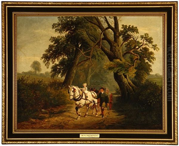 Man With Child Riding Atop Horse-drawn Cart On A Path Oil Painting by William P. Cartwright