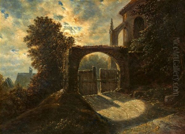 Moonlit Gateway By A Gothic Church Oil Painting by Carl Gustav Carus