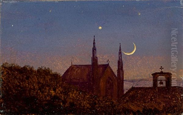 Gotische Kirche Uber Baumwipfeln Bei Mondenschein (kleine Mondscheinlandschaft Mit Kirchlein) Oil Painting by Carl Gustav Carus