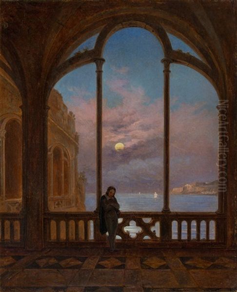 Mondnacht Am Italienischen Meer Mit Einem Versunkenen Leser Am Gotischen Fenster Oil Painting by Carl Gustav Carus