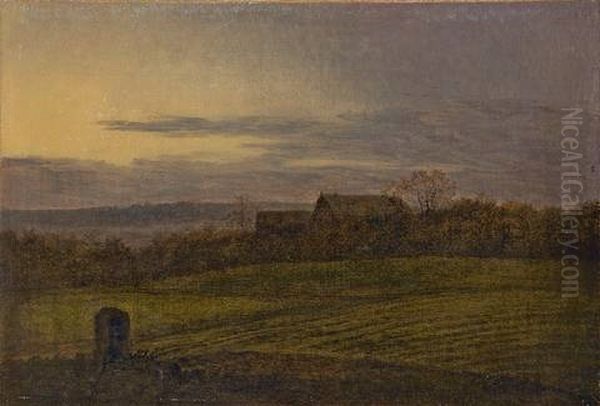 Blick Uber Abendliche Felder Auf Ein Gehoft Oil Painting by Carl Gustav Carus