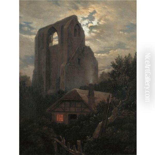 Ruine Eldena Mit Hutte Bei Greifswald Im Mondschein (ruins Of The Eldena Monastery, Greifswald) Oil Painting by Carl Gustav Carus