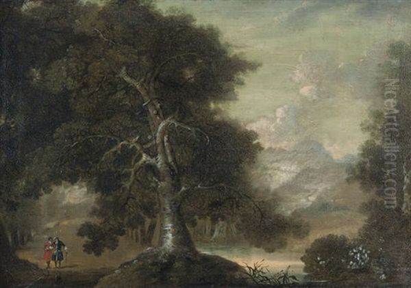 A Mountainous Wooded Landscape With Figures And Deer Oil Painting by Richard Carver