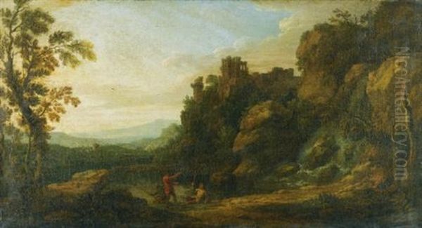 A Rocky Landscape With Three Fisherman By A Lake, A Ruined Castle On An Outcrop Beyond Oil Painting by Richard Carver