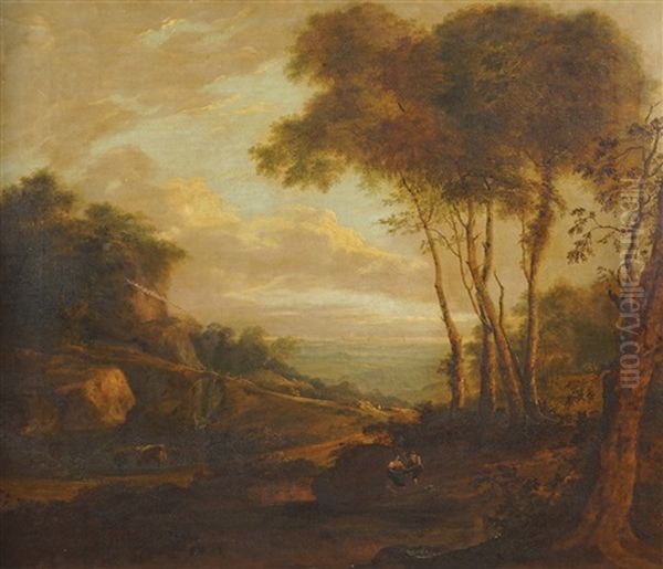 A Wooded Landscape With Figures.the Sea In The Distance. Oil Painting by Robert Carver