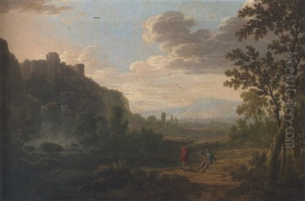 A Wooded River Landscape, With Figures In The Foreground And A Hilltop Castle Beyond Oil Painting by Robert Carver