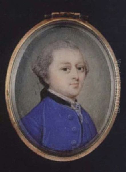 The Earl Of Coventry  With Powdered Hair En Queue, Wears Bright Blue Coat, Matching Waistcoat, Black Stock And White Lace Cravat Oil Painting by Penelope Carwardine