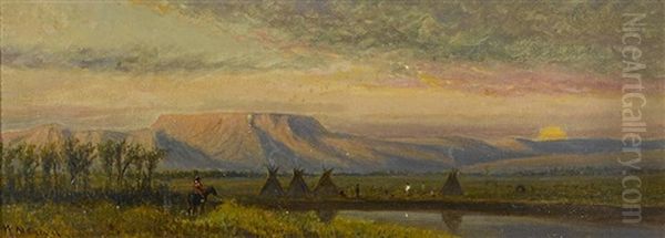 Sunset Beyond An Indian Encampment With Teepees Oil Painting by William de la Montagne Cary