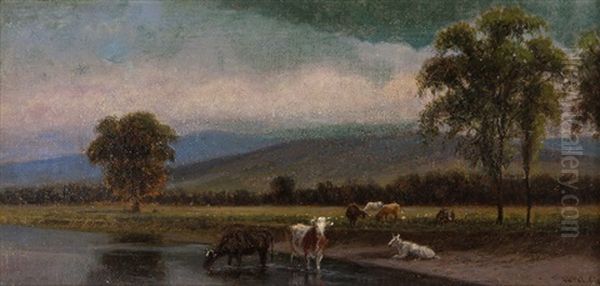 Cows Watering Oil Painting by William de la Montagne Cary