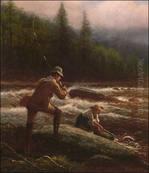 Fly Fishing In The Adirondacks Oil Painting by William de la Montagne Cary